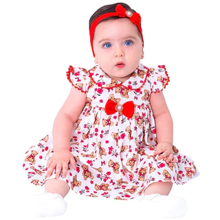 Vestido para Bebê Menina Infantil Luxo com Tiara 100% Algodão 2 - 18 Meses