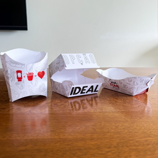 Kit Combo Embalagem para Hamburgueria, batata frita e porção 25 embalagens para hamburguer + 25 caixinhas para Batata Frita + 25 bandejas barcas multiuso para porções
