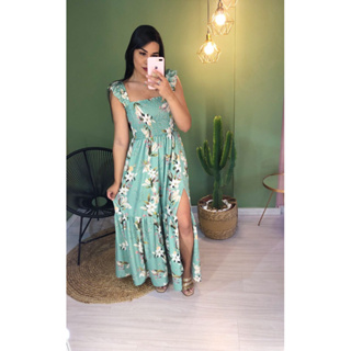 Vestido Lastex babado longo floral alcinha borboleta fenda