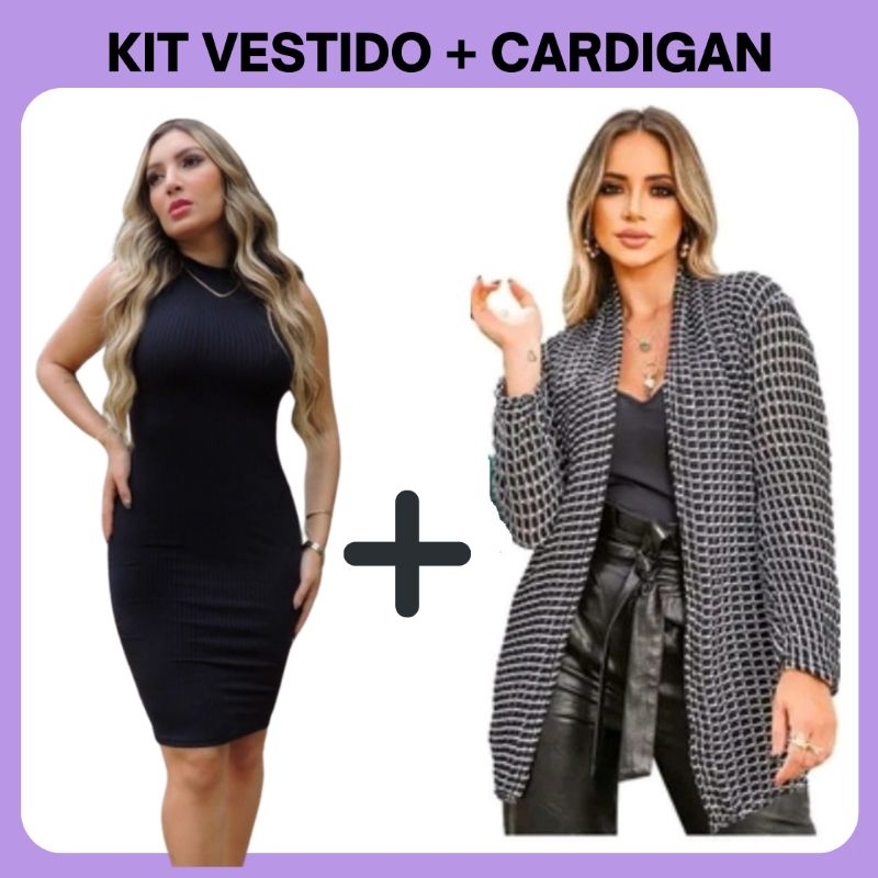 Kit Vestido Canelado Midi Gola Alta com Cardigan Kimono