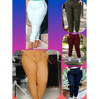 Calça Moletom Plus Size Feminina Peluciada Jogger Com Bolsos Bege