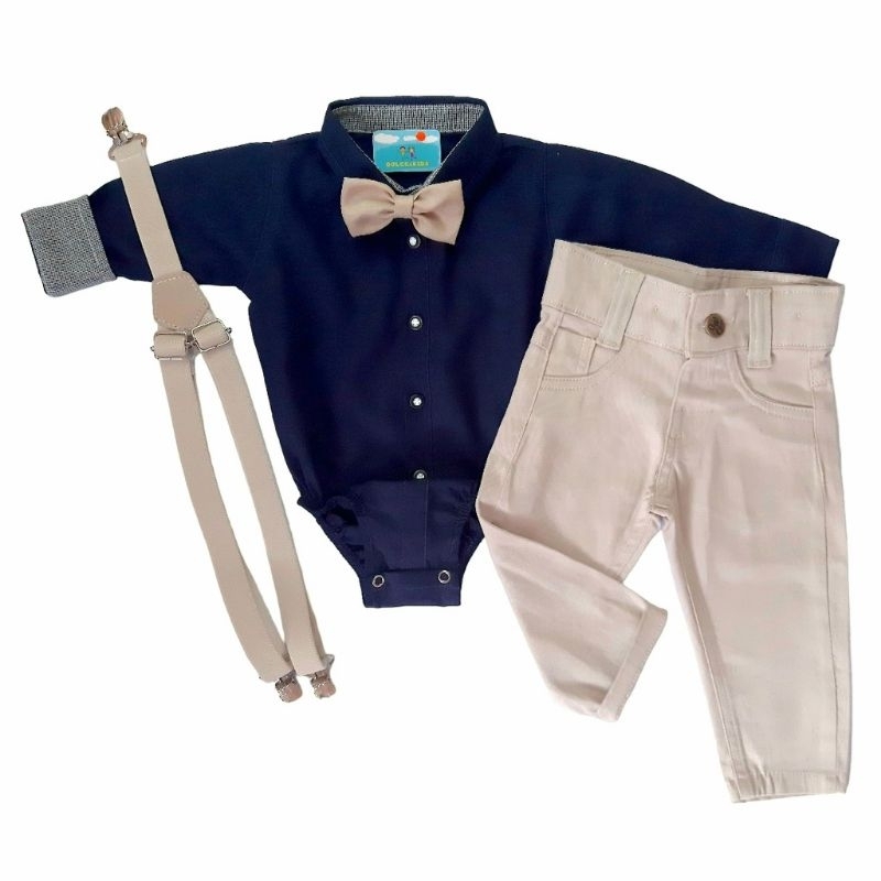 Conjunto Social Para Bebê Menino Body ou Camisa Azul Marinho e Calça Bege Linha Premium Até Tam 3 - Lançamento