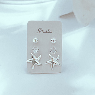 Brinco Trio de Prata Legítima 925 Kit com Estrela Ponto de Luz e Bolinha