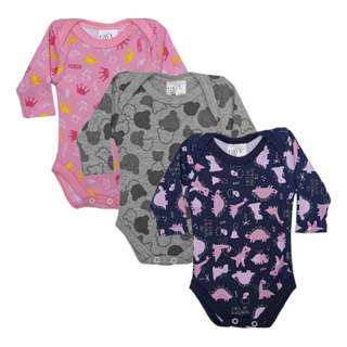 Kit enxoval 3 Body Bebê Menino e menina Manga Longa Estampado Suedine