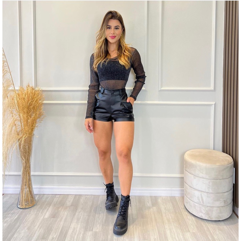 Couro Meia CalÃ§a Short Short Jeans Coturno Com Meia CalÃ§a Calça