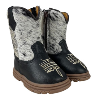 Bota Texana Country Infantil Original Os Moiadeiros Preto 100% Couro Cano Médio com Pelo Solado de Borracha Forracão em Tecido Palmilha Macia