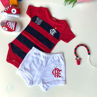 Novo Kit Flamengo Bebê Menino Menina 4 Peças Body + Shorts, Tênis Estrela e Prendedor de Chupetas
