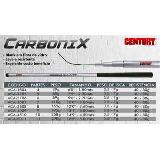 VARA CENTURY CARBONIX 3,00M/110g/7PARTES/FIBRA DE VIDRO TELESC.