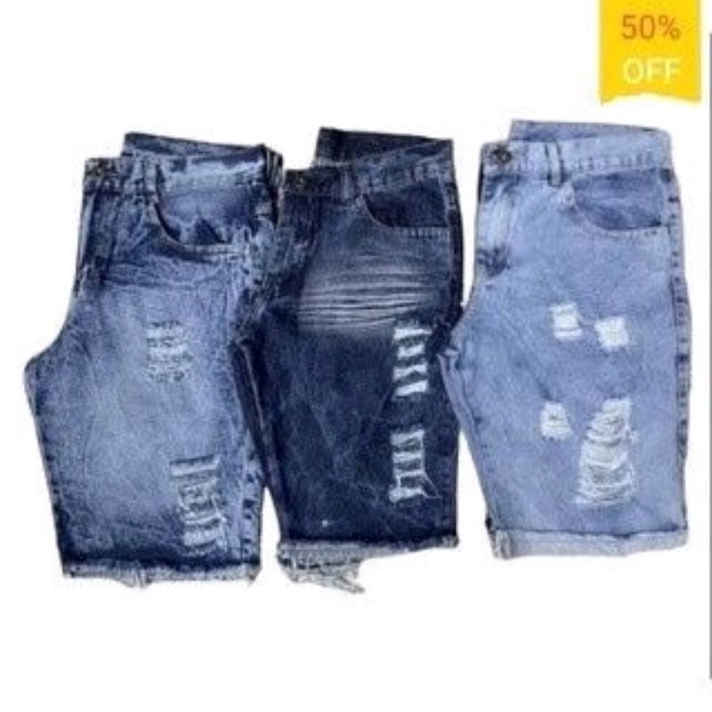 KIT 3 Bermuda jeans clara Moda masculina jeans De Ótima Qualidade Modelo Rasgada Premium