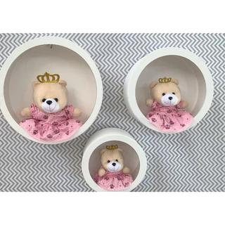Trio de Ursos de Pelúcia para nicho Decoração , para quarto de Bebê - URSA COROA ROSA (SEM NICHO)