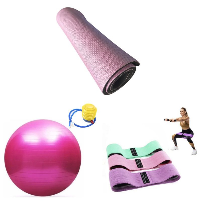 Tapete de Yoga + Bola Pilates 65cm + Kit Theraband Reforçado