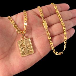 Corrente Cordão Masculino Piastrini 4mm + Pingente Placa FÉ Banhado a ouro