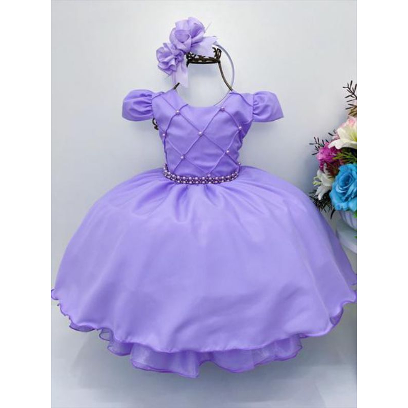 VESTIDO INFANTIL LILÁS BOLINHAS PRINCESA SOFIA CINTO PÉROLAS