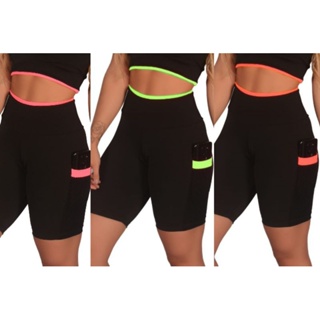 Kit 3 Short Feminino Fitness Academia com Bolso de Tela Porta Celular | B004