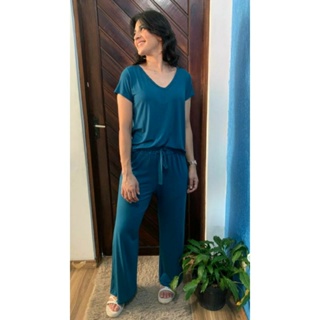 CONJUNTO VISCOLYCRA PANTALONA E BLUSA GOLA V BÁSICA