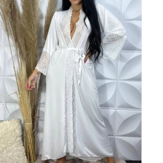 Robe Longo e Curto com Renda Luxo Kimono Roupão Sobretudo Comprido Noiva Lingerie Maternidade