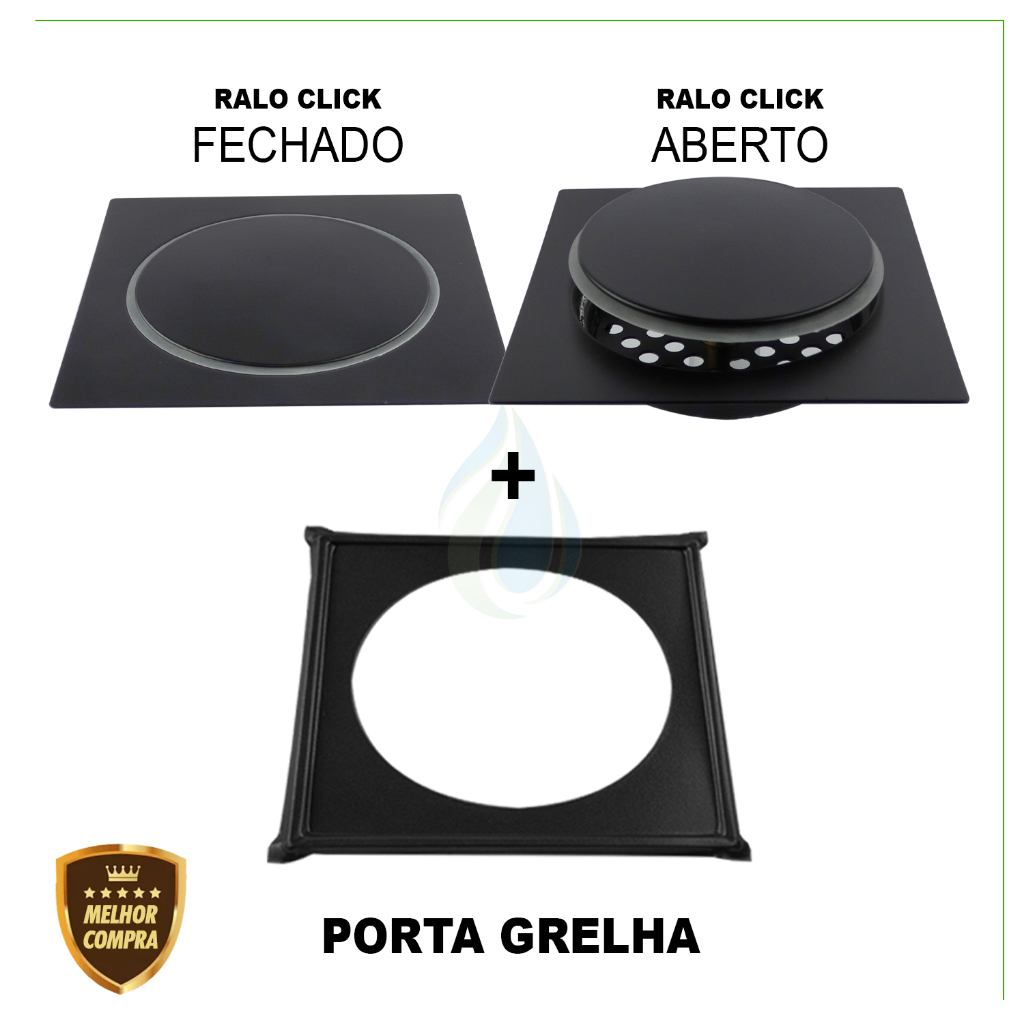 Ralo Inteligente Click 10x10 cm para Banheiro Inox Preto Quadrado + Porta Grelha Caixilho Cód. 6834