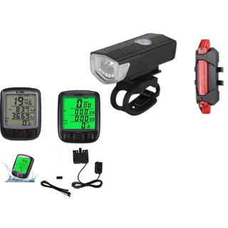 Kit de Acessórios para bicicleta Velocímetro com fio + lanternas frontal e Traseira Recarregável