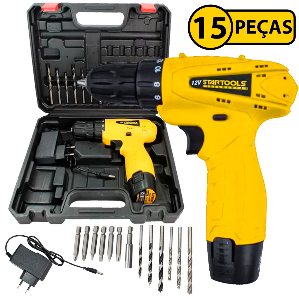 Furadeira Parafusadeira com Bateria Íon-litio 12V Com Bits Brocas Kit 15 Peças
