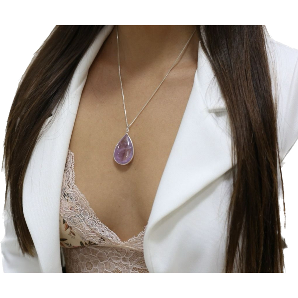 Colar Veneziana Prata 925 + Pingente Formato Gota Ametista Pedras Naturais