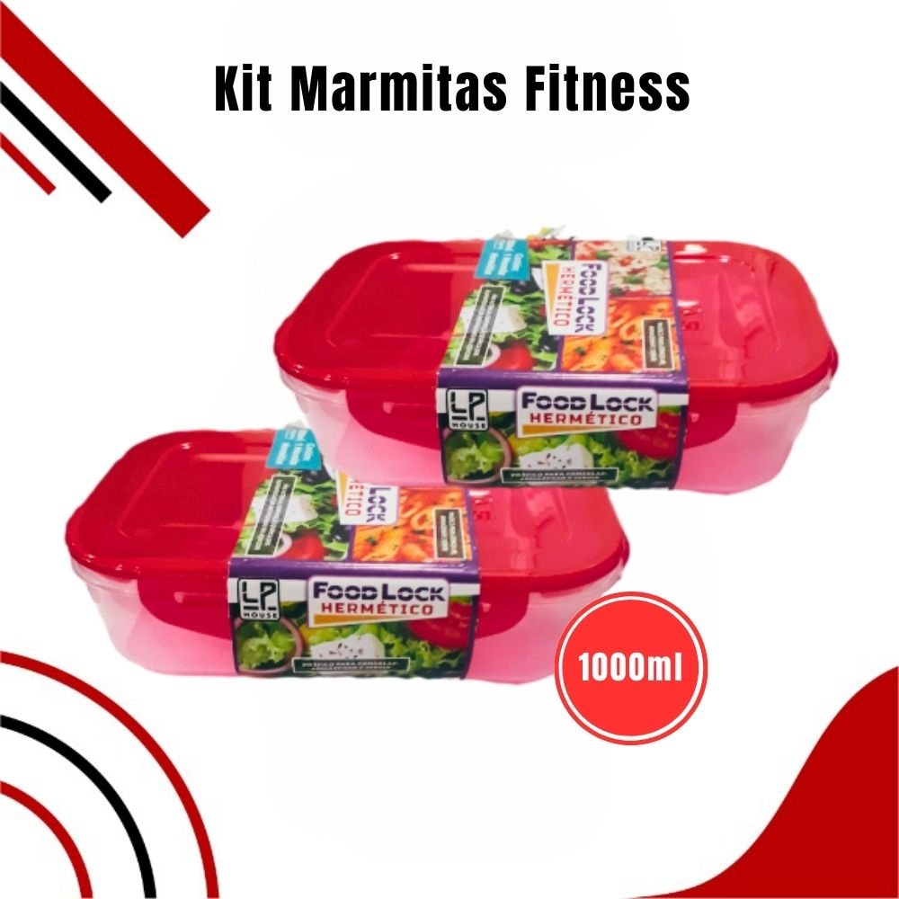 Kit Marmita Fitness Pote Hermético Retangular Plástico com Divisória 1000ml Food Lock