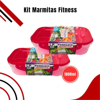 Kit Marmita Fitness Pote Hermético Retangular Plástico com Divisória 1000ml Food Lock