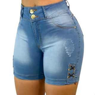 Short Jeans Feminino Meia Coxa Detalhe em Ilhós com Lycra Pedalete Jeans Bermuda Feminina modelo Ciclista 2023