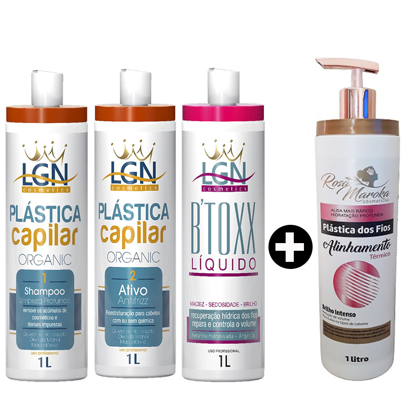 Kit shampoo anti residuo, plastica capilar e botox liquido 1L - LGN Barber + progressiva 1L - Rosa maroka