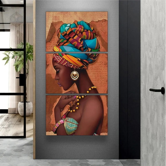 Quadros Decorativo Mosaico 90X50 3 peças Mdf Alta Resolução Full HD Mulher Africana Linda Abstrato