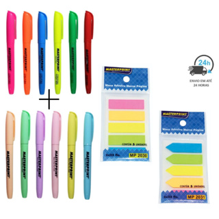 Kit 12 Marca Texto (6 Neon + 6 Pastel) + 2 Bloco Adesivo Seta e Reto MASTERPRINT