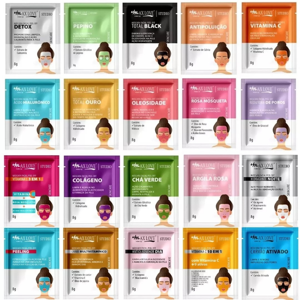 Kit 10 máscaras sachê 8g max love limpeza de pele cuidado facial skin care