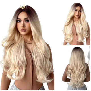 Peruca Ondulada Sem Franja 60cm Cabelo Orgânico Ombre Loira