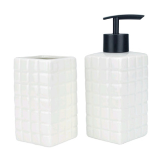 Kit Banheiro Lavabo Porcelana Branco Porta Sabonete Líquido e Escova Jogo Conjunto para Pia