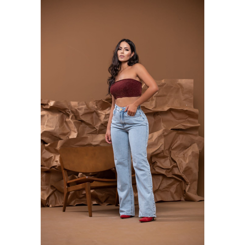 Calça Jeans Feminina Wide Leg Cintura Alta Tecido Grosso