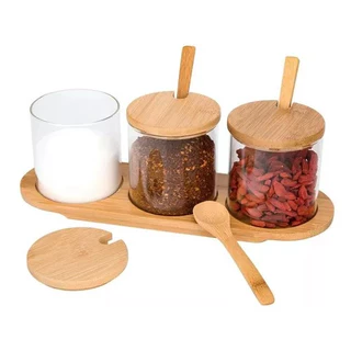 Jogo 3 Potes De Vidro Boro Colher Tampa Suporte Bambu 300ml