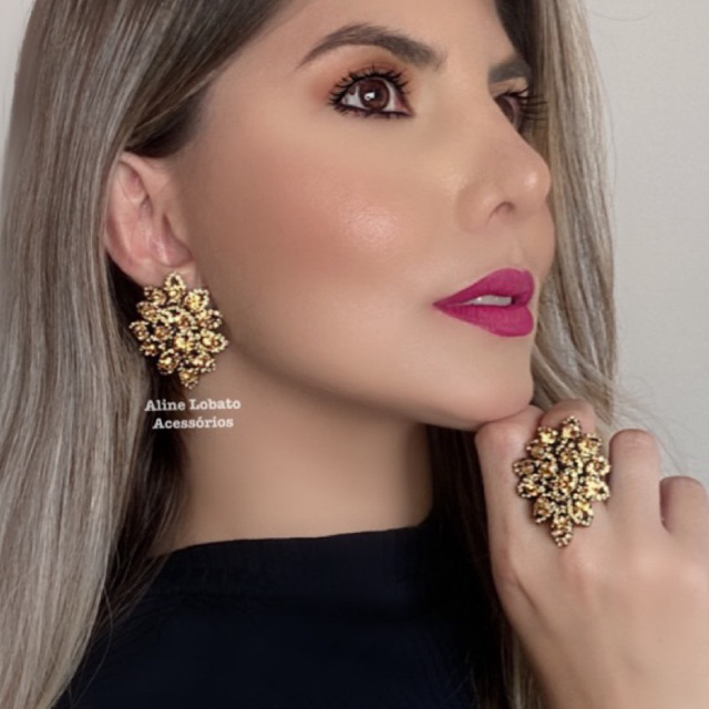 Brinco e Anel de Festa Flor Dourado | Conjunto Madrinha de Casamento ...