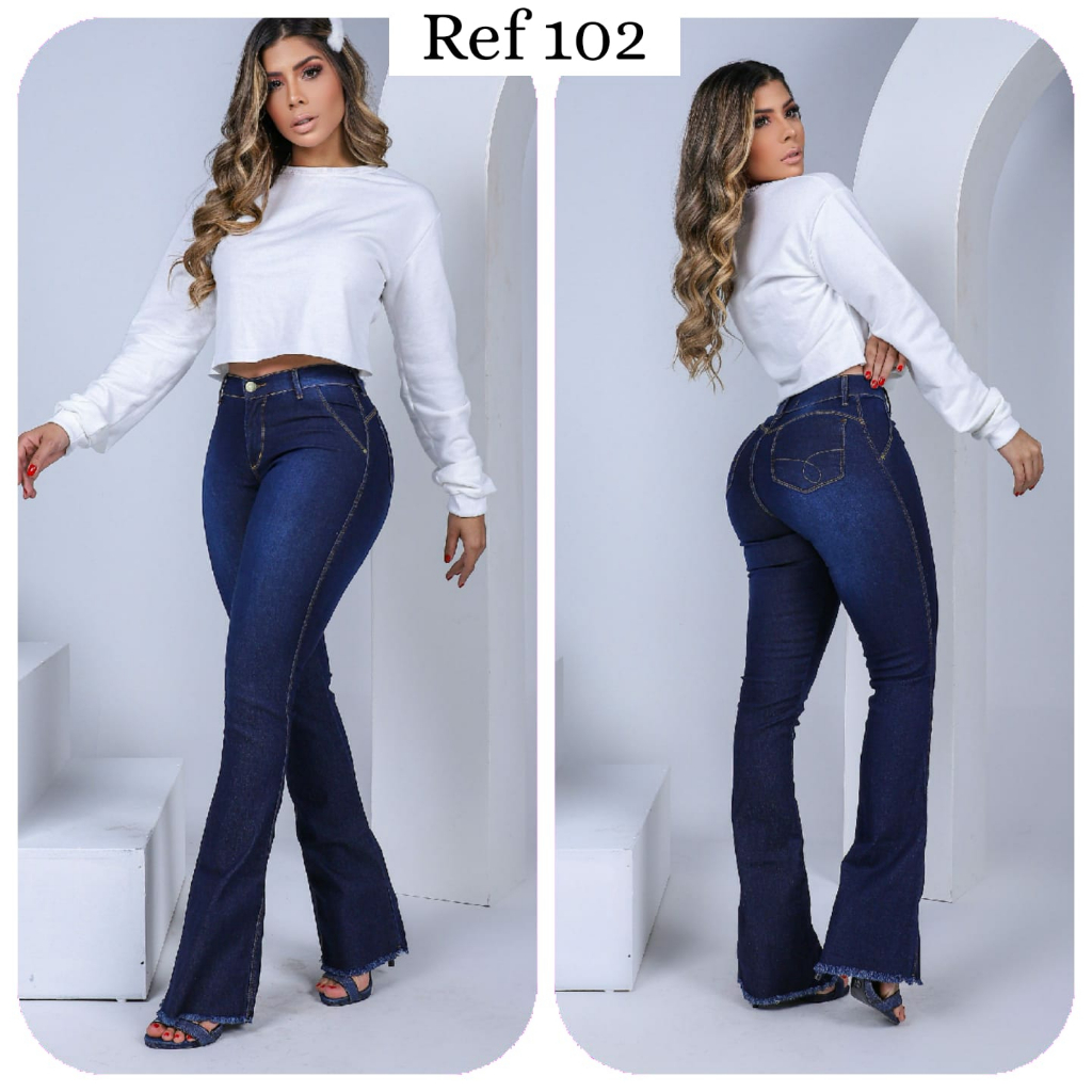 Calça Flare Feminina Com Nervura Jeans Com Licra Cintura Alta 14 - Azul  Claro+Marinho