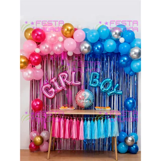 Kit Chá Revelação Painel Rosa e Azul + 50 Balões Bexiga Azul e Rosa + Vela Revelação + Fita para Arco Completo