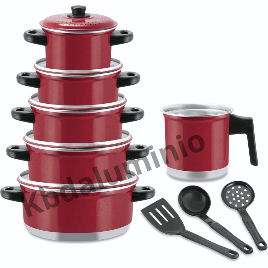 Jogo Panela vermelho kit Caçarola 09 Pçs+Caneco(Leiteira)+Kit talheres