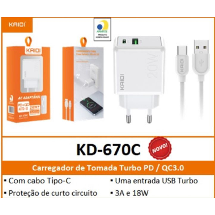 Carregador Turbo Kaidi Kd C Tipo C W Power Delivery Pd E Qc Entrada Usb Tipo C Shopee