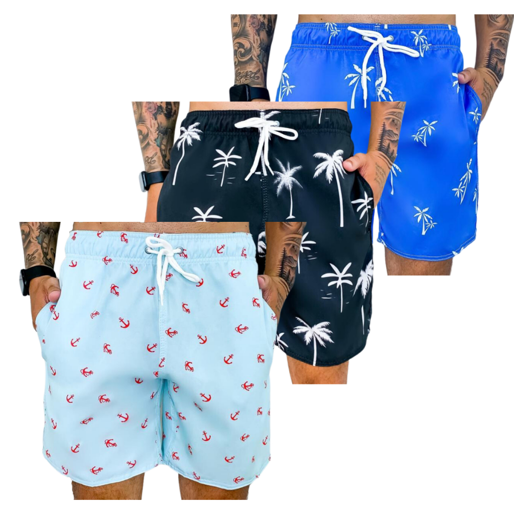 Kit c/3 Bermuda Short Mauricinho Floral Masculino Moda Praia Estampado Tactel