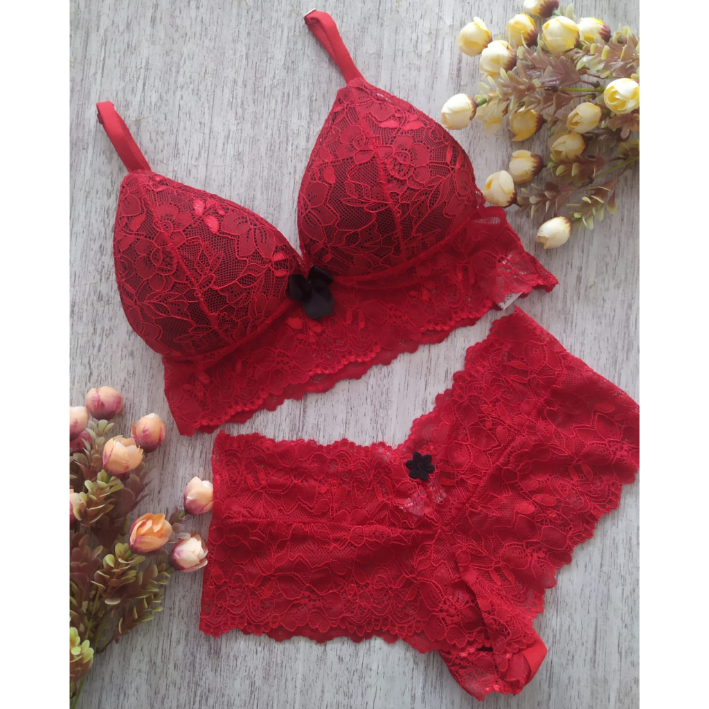 Conjunto Lingerie Com Bojo Top Sem Aro Renda Calcinha E Sutia