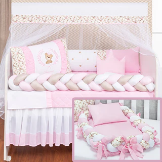 KIT ENXOVAL DE BERÇO COM NINHO REDUTOR 16 PEÇAS TRANÇADO COROA PRINCESA ROSA MODELOS MENINA COROA NUVEM