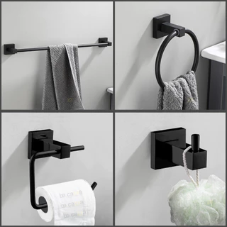 Kit de Banheiro Preto Fosco Matte Quadrado de Metal 4 Peças Titanio Super Luxo Sem Saboneteira