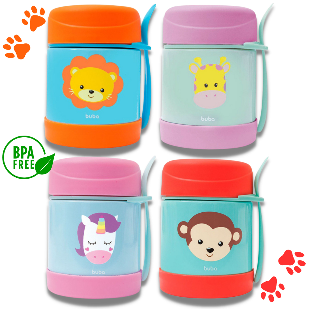 Pote Termico Infantil Buba Com Talher Potinho Marmita Térmica Para Papinha Conserva 320Ml Animal Fun