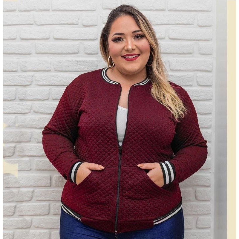 Jaqueta Bomber Feminina Plus Size Com Zíper Bolsos G1 G2 G3