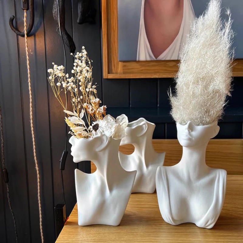 Vaso Cachepot ROS Vaso de Gesso Minimalista Escultura porta canetas Rosto Perfil Sala Quarto Casa