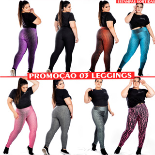 KIT 03 Calças Leggings Feminina Cós Alto PlusSize (Estampas Sortidas)