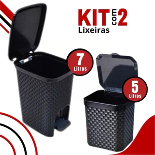 Kit Lixeira Rattan Cesto 7 Litros com Pedal + Lixeira Pia Rattan 5 Litros