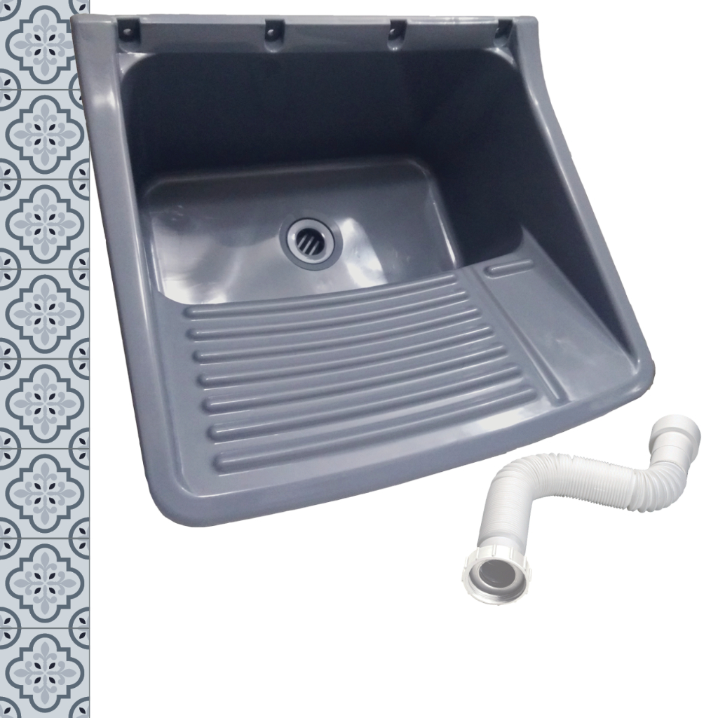 Kit Tanque de Lavar Roupa Cinza para lavanderia + Sifão 46 x 42 x 21cm plástico resistente com kit de instalação